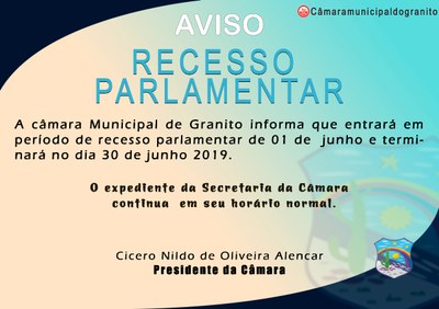 Recesso na Câmara Municipal será de 01 de junho a 30 de junho